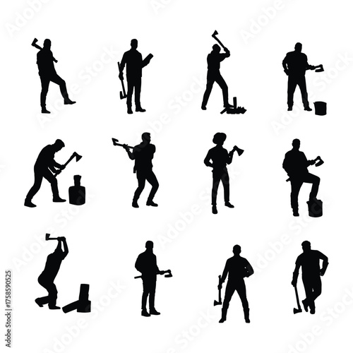 Silhouette illustrations of lumberjacks chopping wood with axes