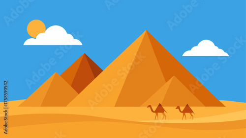 Stylized egyptian pyramids and camels under a bright sun