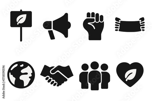 Environmental Icons Grid. Environmental activism. Filled icon set of Environmental activism: protest sign,