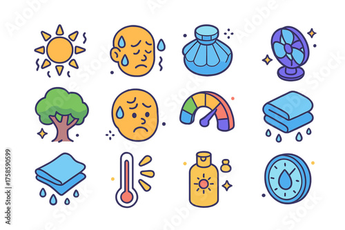 Heat Stress Icons. Heat and stress. Colorful isometric vector icons set of heat and stress: sun with heatwaves, sweating person, ice pack, cold water bottle,