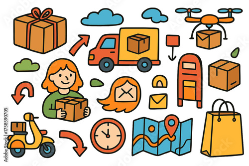 Colorful Delivery Doodles. Delivery. Colorful Hand-drawn doodle Children illustration package, delivery truck, scooter, drone, mailbox, parcel, ribbon,