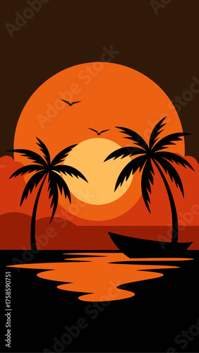 Tropical sunset with palm trees and a boat silhouette