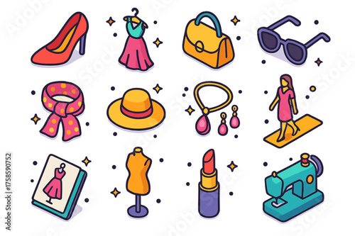 Fashion Iconography. Fashion illustration. Colorful isometric vector icons set of fashion illustration: high heel shoe, designer dress, handbag, sunglasses,