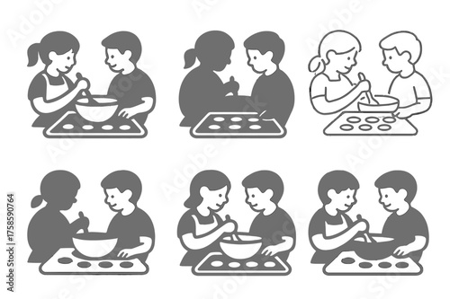 Baking Cookies Logos. Sibling moments and family bonding. Set Logo of Sibling moments and family bonding: Baking Cookies Together. harmonious logo variations