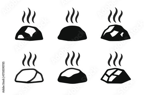 Geothermal Energy Logos. Heat radiating from rocks. Set Logo of Geothermal energy: steam rising from rock. harmonious logo variations of the same emblematic