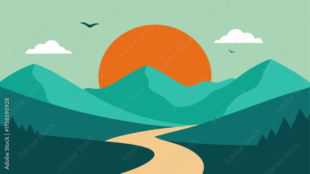 Fototapeta premium Vibrant mountain landscape with a winding path and setting sun