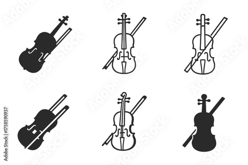 Harmonious Violin Logos. Musician. Set Logo of Music: violin with bow. harmonious logo variations of the same emblematic concept, each with different artistic