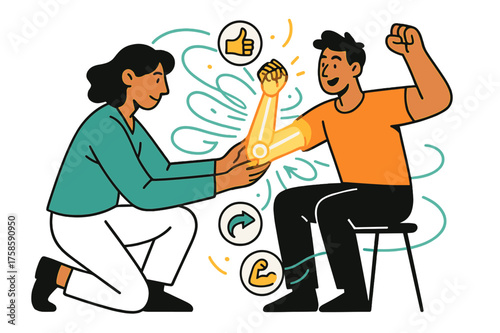 Innovative Prosthetic Fitting. Prosthetic fitting. A glowing 3D-printed arm being attached to a patient, abstract energy lines and floating icons showing