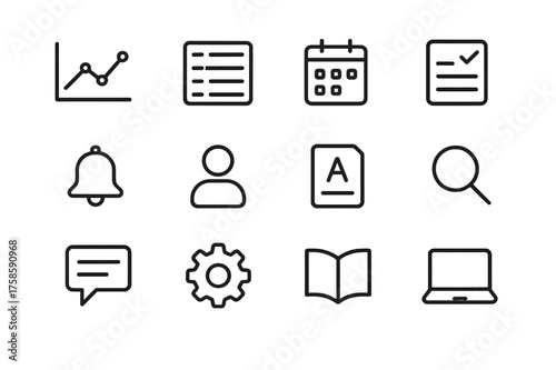 Academic Dashboard Icons. Academic dashboard. Line icon set of Academic dashboard: analytics chart, course list, calendar, assignment tracker, notification,