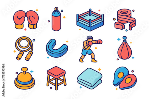 Boxing Icons Set. Boxing. Colorful isometric vector icons set of boxing: boxing gloves, punching bag, boxing ring, hand wraps, skipping rope, mouthguard,