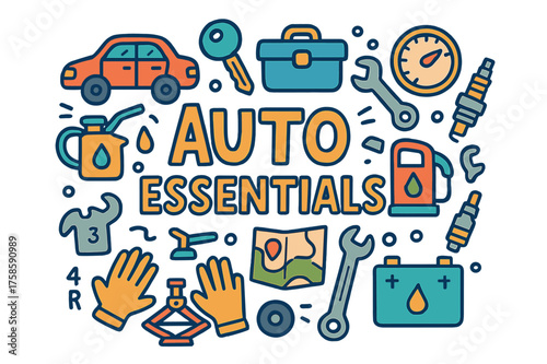 Auto Essentials Doodles. Auto essentials. Hand-drawn doodle illustration of Auto essentials. Car, key, toolbox