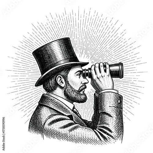 Engraving of a bearded man wearing a top hat looking through binoculars with radiating lines behind him.