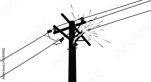 Silhouette of electric utility pole with broken wires and electrical spark explosion, high voltage power line damage and energy failure vector illustration