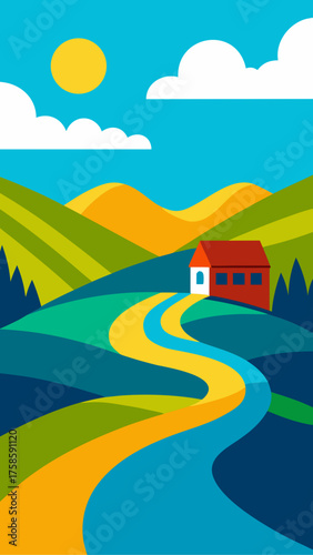 Vibrant countryside landscape with a winding road and red house