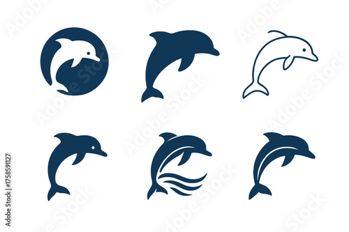 Dolphin Logo Variations. Ocean. Set Logo of Ocean: dolphin. harmonious logo variations of the same emblematic concept, each with different artistic