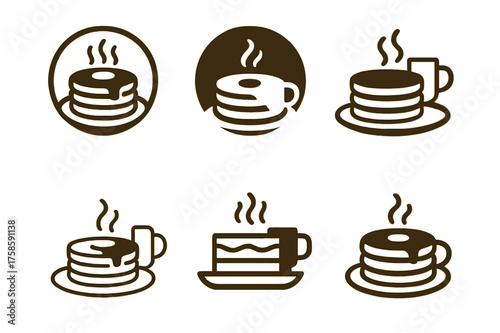 Pancake Logo Variations. Making pancakes on a cold morning. Set Logo of Food: cozy breakfast plate icon. harmonious logo variations of the same emblematic