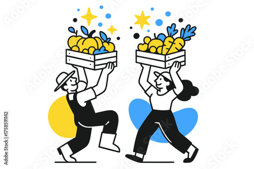 Abundant Harvest Joy. Harvest season. Farmers lifting crates of glowing fruits and vegetables, abstract stars and circles floating upward showing abundance and