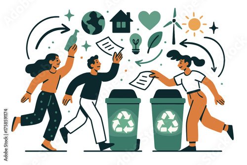 Dynamic Recycling Scene. Recycling initiatives. People tossing bottles and paper into glowing recycling bins, arrows circling in the air. Bright eco-symbols