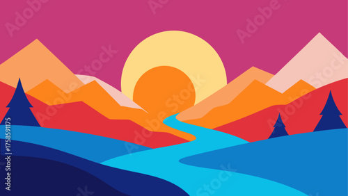 Vibrant sunset over a winding river and mountain landscape