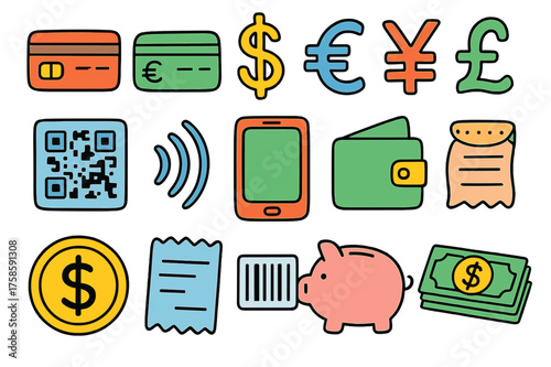Colorful Payment Icons. Payment Icons. Colorful Hand-drawn doodle Children illustration Payment Icons credit card, debit card, dollar sign, euro sign, yen