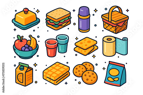 Picnic Essentials Icons. Colorful isometric vector icons set of picnic essentials: butter dish, sandwich, thermos, picnic basket, fruit bowl, plastic cups,