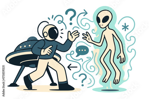 Glowing Alien Encounter. Alien encounter. A glowing extraterrestrial creature hovering near a spaceship, floating abstract energy lines and symbols showing