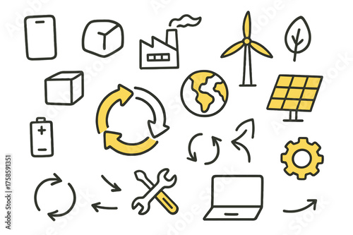 Circular Economy Icons. Circular economy. Hand-drawn doodle illustration recycling arrows accented, Earth globe accented, smartphone, factory, renewable energy