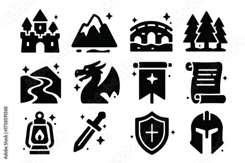 Fantasy Icons Set. Fantasy Landscapes. Solid icons set of Fantasy Landscapes: Castle, Mountain, Bridge, Forest, River, Dragon, Banner, Scroll, Lantern, Sword,