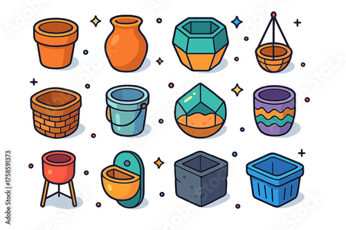 Colorful Plant Icon Collection. Colorful isometric vector icons set of decorative pots and planters: terracotta pot, ceramic vase, modern geometric pot,