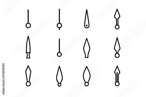 Clock Hands Icons. Clock hands. Line icon set of Clock hands: hour hand, minute hand, second hand, dauphine hand, sword hand, baton hand, alpha hand, arrow