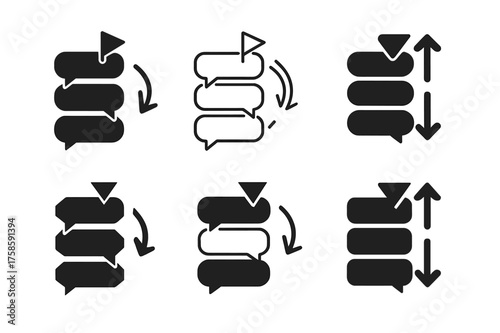 Conversation Flow Logos. Conversation flow. Set Logo of Conversation flow: Message queue stack with priority flags and reorder arrows. harmonious