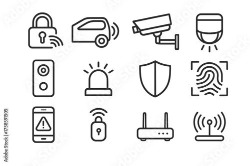 Smart Security Icons. Smart security. Line icon set of smart security: smart lock, keyless entry, surveillance camera, motion sensor, doorbell camera, siren,