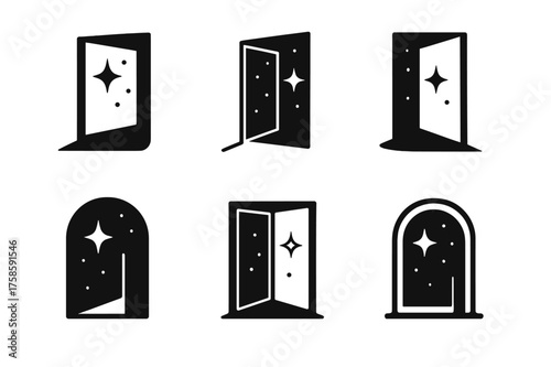 Dream Door Logos. Dream realization. Set Logo of Dream realization: Open door opening onto a starry sky. harmonious logo variations of the same emblematic