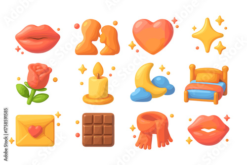 Tender Kisses Icons. Tender kisses. 3D icons set of tender kisses: lips icon, couple silhouette, glowing heart, sparkling stars, rose flower, candle flame,