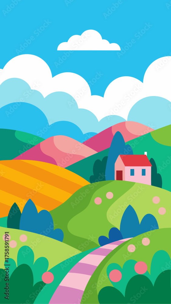 Fototapeta premium Vibrant abstract landscape with rolling hills and a cozy house