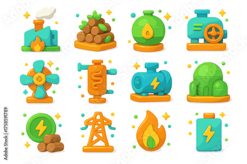 Waste-to-Energy Icons. 3D icons set of waste-to-energy processes: incinerator plant, biomass pile, methane gas tank, energy turbine, heat recovery system,