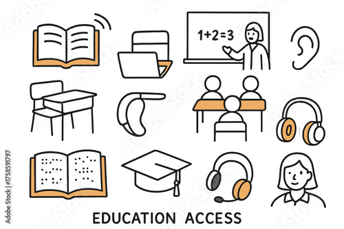 Inclusive Education Icons. Education Access. Hand-drawn doodle illustration open book (colored), classroom, blackboard (colored), student desk,