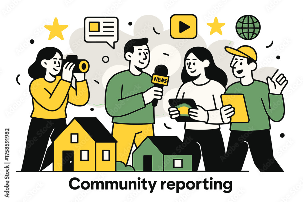 Obraz premium Grassroots Journalism Scene. Community reporting. A group of reporters with glowing devices standing near small houses, abstract floating news icons and stars