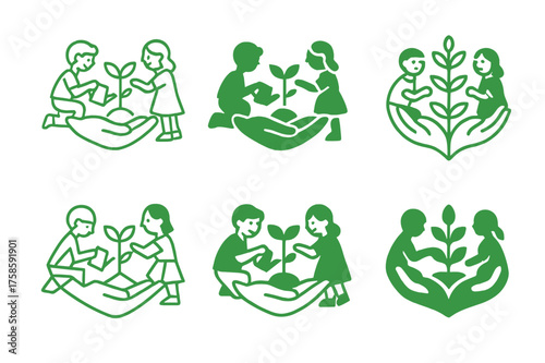 Eco Kids Logos. Children engaging in environmental conservation activities. Set Logo of Sustainability: kids eco-friendly activities. harmonious logo