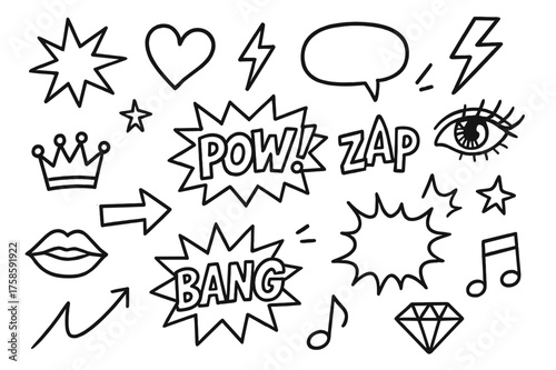 Pop Art Doodle Explosion. Pop Art Elements. Hand-drawn doodle illustration pop art elements comic pow, zap, bang, starburst, heart, lips, crown, arrow, music