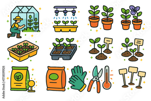Greenhouse Icon Collection. Professional greenhouse. Colorful isometric vector icons set of professional greenhouse: person tending plants, watering system,