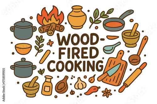 Wood-Fired Cooking Doodles. Wood-Fired Cooking. Hand-drawn doodle illustration of Wood-Fired Cooking. firewood