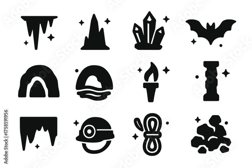 Cave Wonders Icons. Cave Wonders. Solid icons set of Cave Wonders: stalactite, stalagmite, crystal cluster, bat, cave entrance, underground river, torch, rock