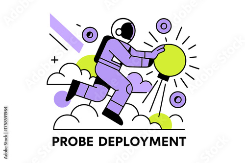 Venus Probe Deployment. Venus exploration. Character deploying glowing atmospheric probe into Venusian clouds