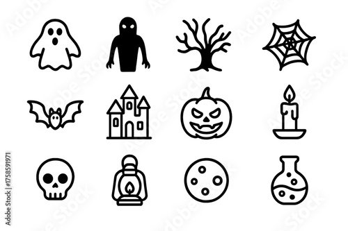 Night Terror Icons. Night terror. Line icon set of Night terror: ghost, shadow figure, eerie tree, cobweb, bat, haunted house, jack-o?-lantern, candle, skull,