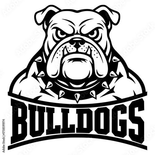 Bulldog Mascot with Spiked Collar and Bulldogs Text, Sports Logo, Aggressive Dog, Game Day, Football