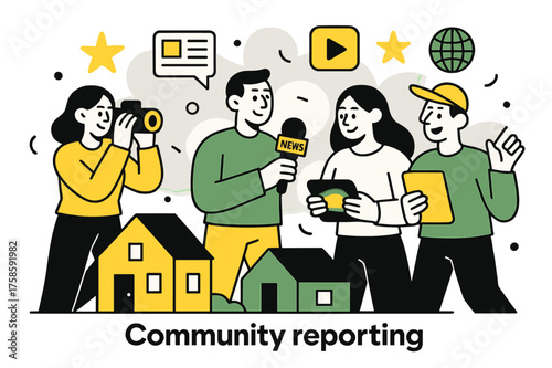 Grassroots Journalism Scene. Community reporting. A group of reporters with glowing devices standing near small houses, abstract floating news icons and stars