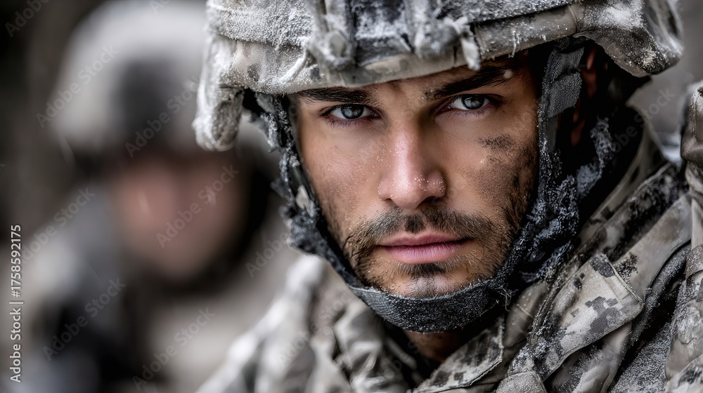 Obraz premium Soldier in winter combat helmet showing battle readiness
