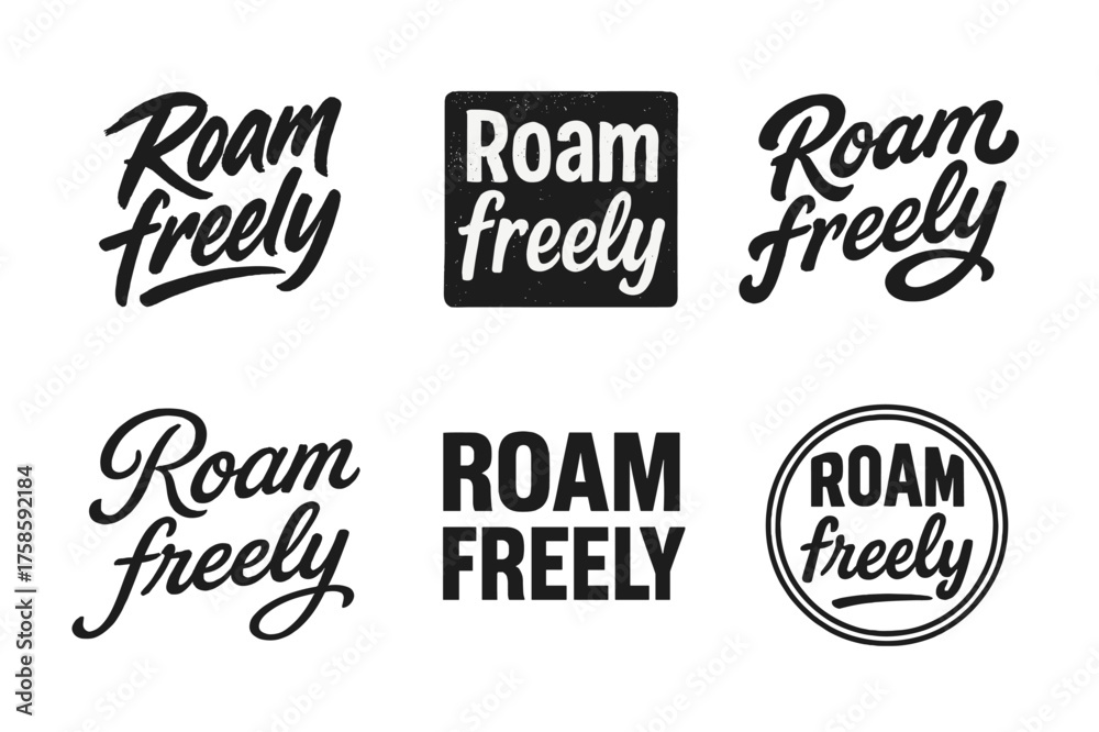 Fototapeta premium Creative Lettering Grid. Roam freely. Set lettering. harmonious lettering variations of the same emblematic concept (Dynamic brushstroke graffiti lettering,