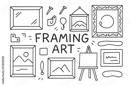 Framing Art Doodle. Framing art. Hand-drawn doodle illustration of Framing art. Picture frame, photo, easel,
